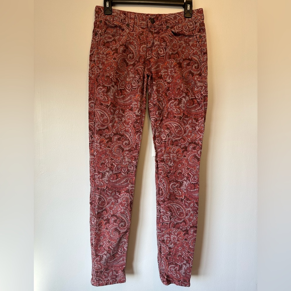 Prana Women's Trinity Corduroy Pants Rhubarb Paisley Low Rise Fitted Size 4